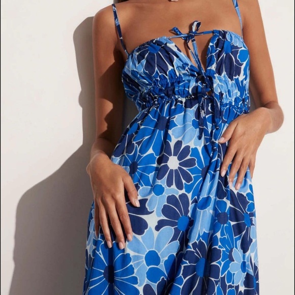 FAITHFULL THE BRAND Adalyn Midi Dress Blue Canaria Print Smocked Size 2 XS Small - Picture 3 of 16